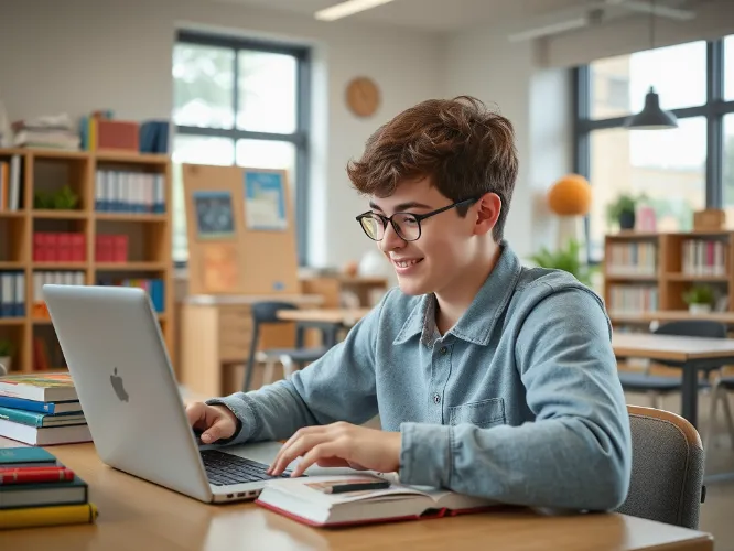 Student learning online with laptop and books